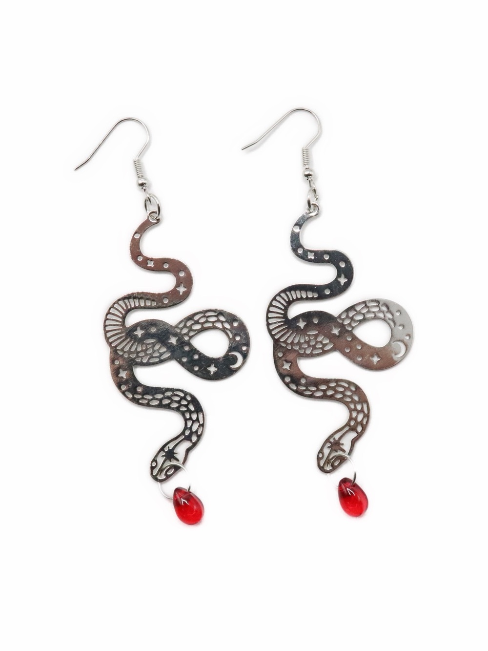 Silver Snake Drop Earrings with Red Teardrop